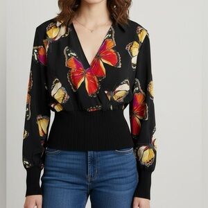 Capri Black Butterfly Print Wrap Blouse Size S